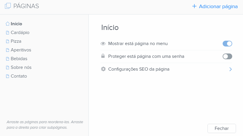 Arrastar para direita para criar sub-páginas