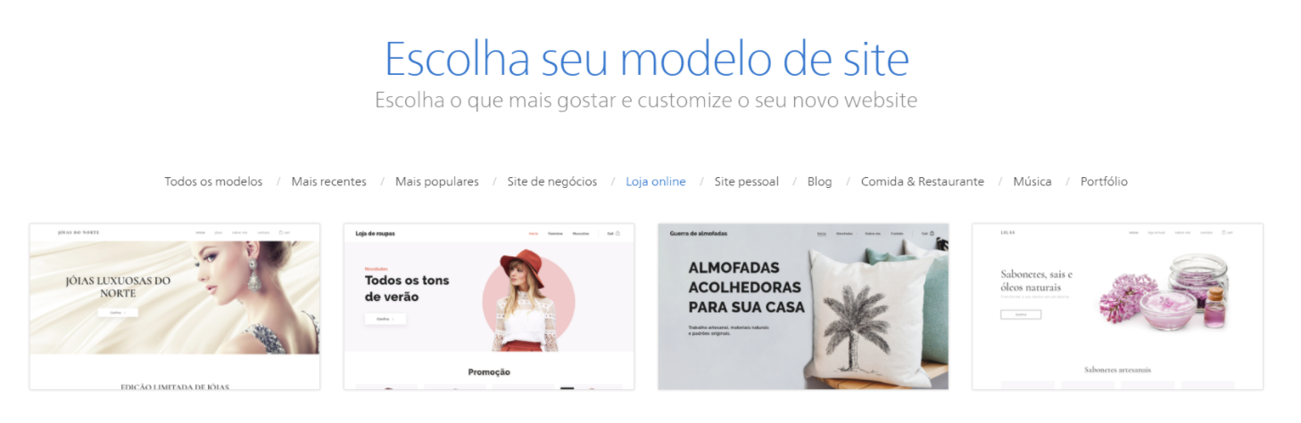 Escolhendo modelo de loja Webnode